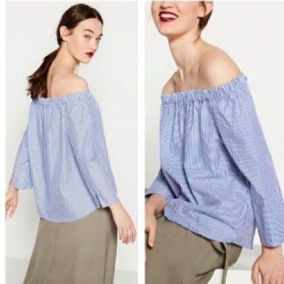 Zara Tops - Zara  Women’s Blue White Striped Top Off The Shoulder Blouse 3/4 Sleeve Size S